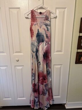 Komarov Blush & Cream Floral V-Neck Maxi Dress RN# 115178
